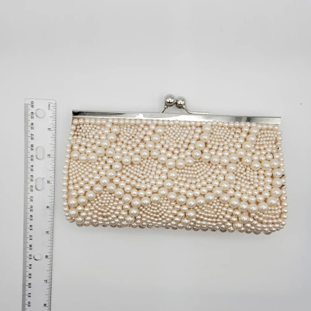 Elegant Beaded Faux Pearl Evening Clutch With Detactable Silver Chain Strap - Picture 3 of 8
